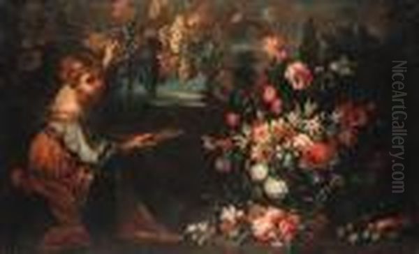 A Girl Picking Grapes, By A 
Bunch Of Roses, Narcissi, Poppies,carnations, Lilies, Morning Glory, 
Chrysanthemum And Other Flowersin An Ornamental Vase With Plums And 
Apples, In A Landscape; And Agirl With An Infant Arranging A Still Life 
Of Roses,  Oil Painting by Abraham Brueghel