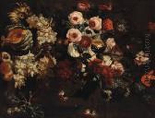 Roses, Carnations, Peonies And 
Other Flowers In An Urn With Grapes,a Melon And Peaches On A Ledge Oil Painting by Abraham Brueghel