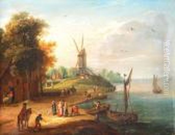 The Elder Acoastal Landscape With Fishing Boats Before A House And A Windmillbeyond Oil Painting by Jan The Elder Brueghel