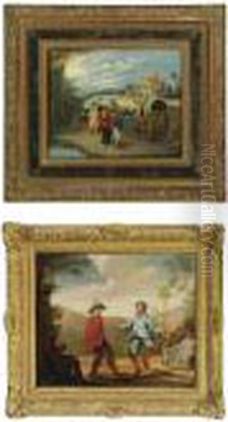 A Landscape With Elegant Figures
 And Two Peasants On A Road Near A Covered Wagon, An Inn Beyond Oil Painting by Jan The Elder Brueghel