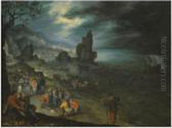 An Extensive Coastal Landscape 
With Fishermen Landing Andselling Their Catch, The Sacrifice Of Jonah 
Offshore Oil Painting by Jan The Elder Brueghel