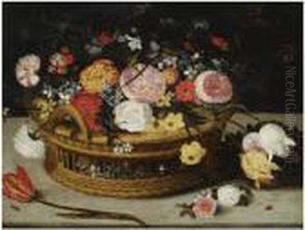 Still Life Of Roses, Tulips, 
Chrysanthemums, Anemones And Otherflowers, All In A Basket On Stone 
Ledge, Together With A Lady-birdand A Tiny Beetle Oil Painting by Jan The Elder Brueghel