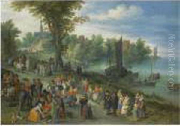 The Edge Of A Village With 
Figures Dancing On The Bank Of A Riverand A Fish-seller And A Self 
Portrait Of The Artist In Theforeground Oil Painting by Jan The Elder Brueghel