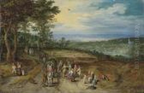 An Extensive Wooded Landscape 
With Travellers On A Track Andpeasants Dancing In The Foreground Oil Painting by Jan The Elder Brueghel