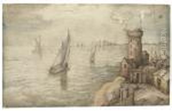 Fishing Boats Off The Coast By A Harbour Town Oil Painting by Jan The Elder Brueghel