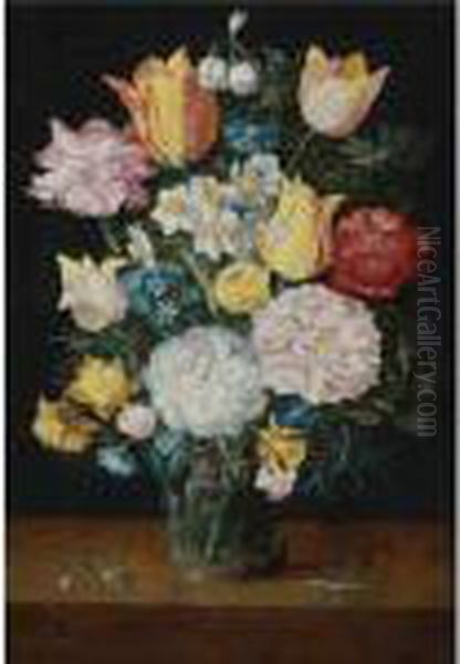 Still Life Of Tulips, Roses, 
Narcissus, Forget-me-nots, A Carnation And Other Flowers In A Glass 
Vase, Resting On A Table With A Sprig Of Rosemary And An Insect Oil Painting by Jan The Elder Brueghel