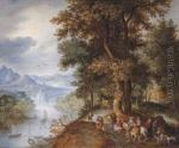 An Extensive Mountainous River 
Landscape With Horsemen And Figuresreturning From The Falconry, Villages
 In The Valley Beyond Oil Painting by Jan The Elder Brueghel