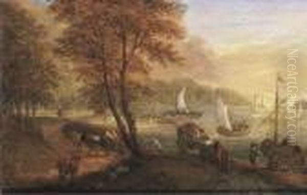 A River Landscape With Travellers On A Path, Shipping Beyond Oil Painting by Jan The Elder Brueghel