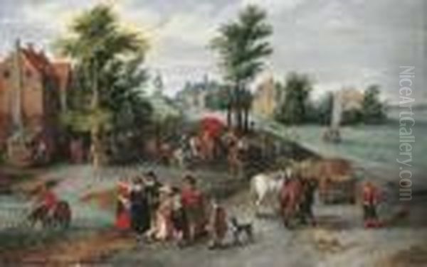 A Village Landscape With Wagons 
On A Track By A River, An Elegant Family In The Foreground, A Peasant 
Watering His Horse At A Pond Beyond Oil Painting by Jan The Elder Brueghel