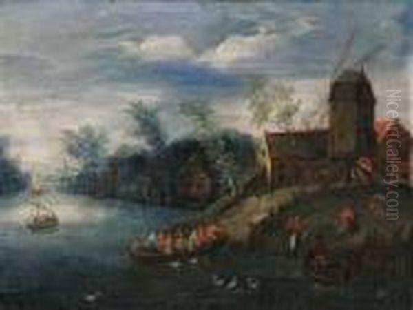 A River Landscape, With Peasants
 At A Landing Stage, A Windmillnearby; And Peasants In Ferries And 
Carts, A Village Beyond Oil Painting by Jan The Elder Brueghel