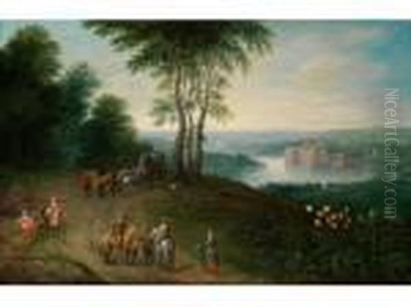 Landschaft Mit Reitern Und 
Pferdewagenauf Einer Anhohe Uber Einem Flusstal Mit Wasserschloss Oil Painting by Jan Brueghel the Younger