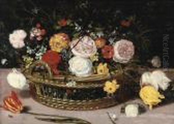 A Basket With Peonies, Lilies, Daffodils And Various Otherflowers Oil Painting by Jan Brueghel the Younger