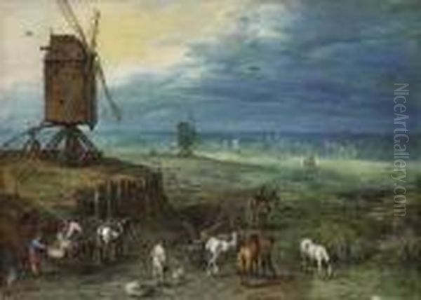 An Extensive Landscape With Figures Unloading Carts Beside Awindmill On A Knoll Oil Painting by Jan Brueghel the Younger