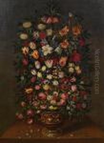 Lilies, Tulips, Narcissi, Roses 
And Otherflowers In A Bronze Urn Decorated With A Cavalry Battle, A 
Ladybirdand A Snail On A Table-top Oil Painting by Jan Brueghel the Younger