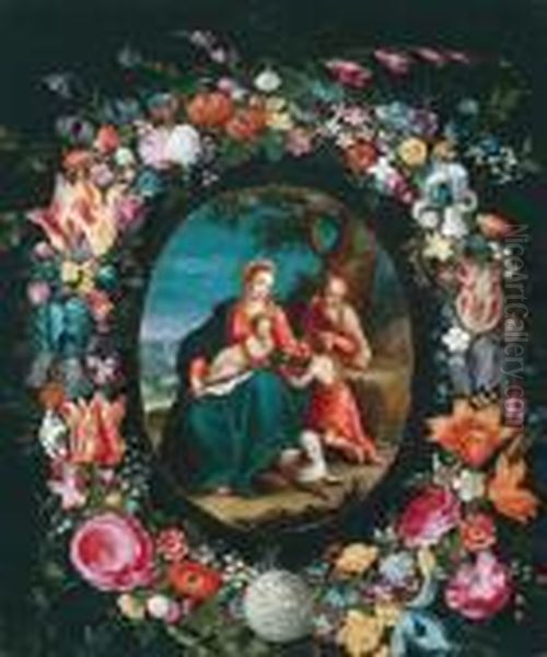 La Sacra Famiglia Con San Giovannino In Una Corona Di Fiori Oil Painting by Jan Brueghel the Younger