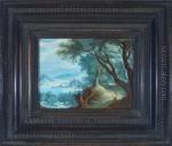 Landschaft Mit Wanderern Auf 
Einem Waldweg, Links Weiter Ausblick In Eine Hugelige Flusslandschaft 
Mit Einer Hafenstadt Oil Painting by Jan Brueghel the Younger