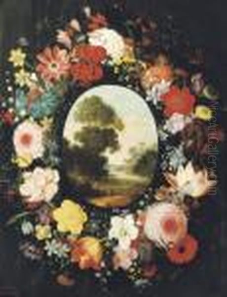 A Wreath Of Roses, Tulips, 
Jasmine And Other Flowers Surrounding An Oval Depicting A Landscape Oil Painting by Jan Brueghel the Younger