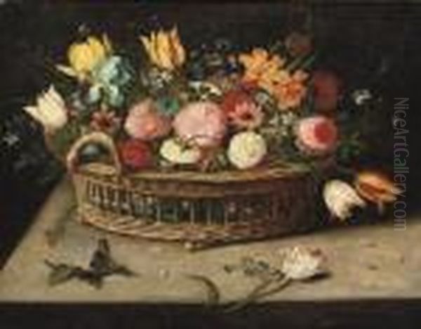 Roses, Peonies, Tulips, 
Narcissi, Carnations, Poppies And Other Flowers In A Basket, On A Stone 
Ledge Oil Painting by Jan Brueghel the Younger