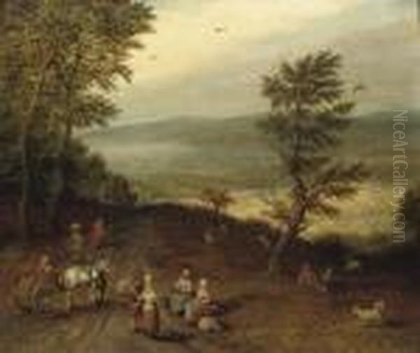 An Extensive Wooded Landscape 
With Peasants On A Track, A Resting Shepherd And His Flock Nearby Oil Painting by Jan Brueghel the Younger