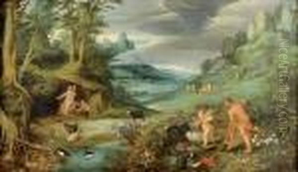 Le Paradis Perdu Ou Les Travaux De La Terre : Adam Labourant Et Eve Filant Oil Painting by Jan Brueghel the Younger