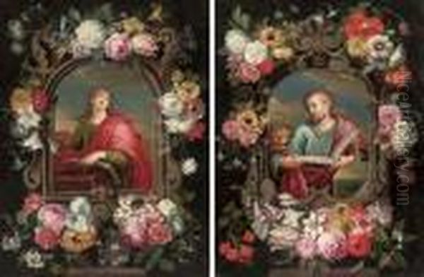 Saint John The Evangelist Within
 A Cartouche Decorated With A Tulip, Roses, Carnations, Forget-me-nots 
And Other Flowers; And Saint Mark Within A Cartouche Decorated With A 
Tulip, Roses, Carnations And Other Flowers Oil Painting by Jan Brueghel the Younger