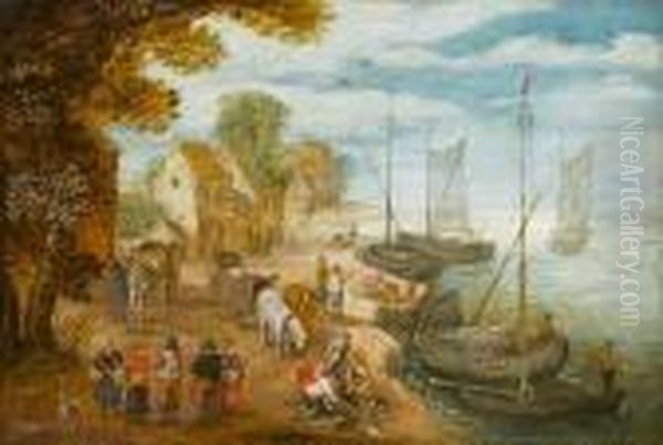 A Riverside Village With Fishermen And Their Catch And Figures Loading Barges Oil Painting by Jan Brueghel the Younger
