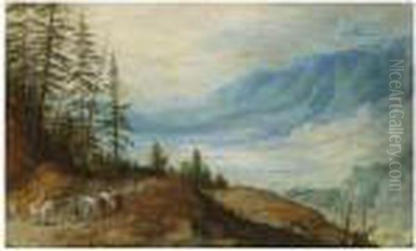 A Mountainous Landscape With 
Travellers On A Road In The Foreground, A Large Lake Below And Beyond Oil Painting by Jan Brueghel the Younger