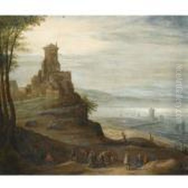A River Landscape With Figures In The Foreground, A Castle Beyond Oil Painting by Jan Brueghel the Younger