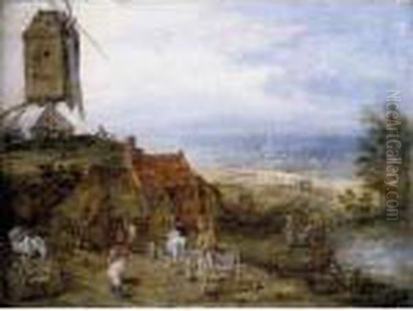 An Open Landscape With Figures, 
Horses And Carts Before A Cottage Overlooking A Pond, A Windmill On 
Higher Ground To The Left And A Church In The Distance Oil Painting by Jan Brueghel the Younger