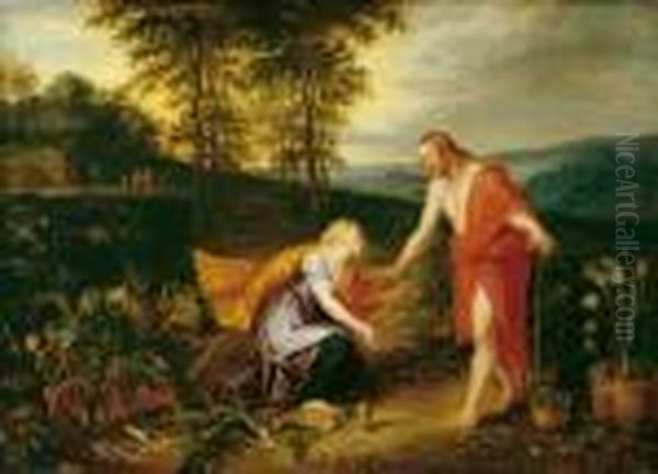 Noli Me Tangere. Der 
Auferstandene Christus Erscheint Maria Magdalena Als Gartner. Ol Auf 
Holz. H 61; B 85 Cm. Gutachten K. Ertz. Provenienz: Privatsammlung, 
Hamburg. Ertz Sucht Den Maler Der Beiden Figuren Unseres Bildes, Das Er 
Auf Das Ende Der  Oil Painting by Jan Brueghel the Younger