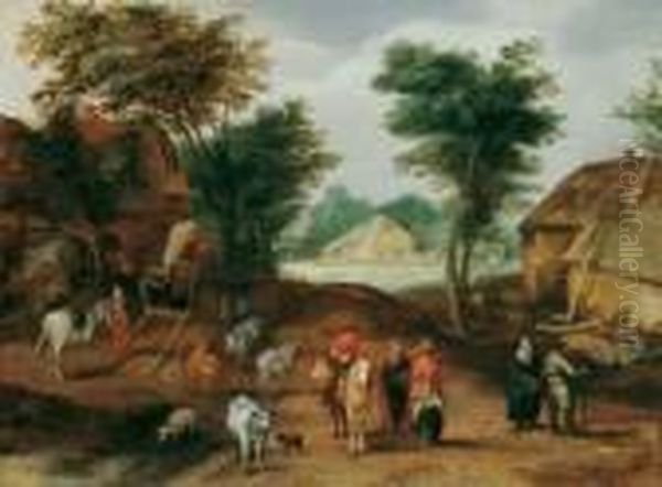 D.j. , Umkreis Dorfstrasse Mit 
Figuren- Und Viehstaffage. Verso Alt Bezeichnet: Beschey. Ol Auf Holz. H
 25; B 33,5 Cm Oil Painting by Jan Brueghel the Younger