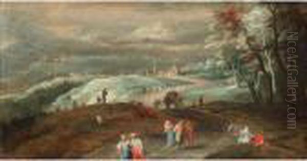 Mountainous Landscape With 
Figures And Wagoners On A Track And More Figures Dancing Beyond, A 
Village In The Distance Oil Painting by Jan Brueghel the Younger