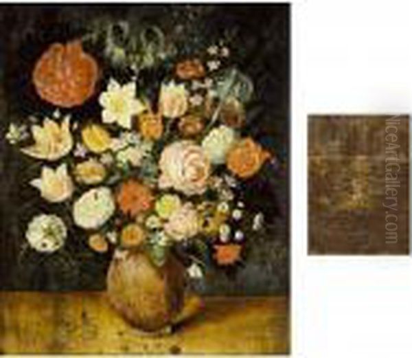 A Still Life With Roses, Tulips,
 Irises, A Daffodil, A Poppy Anemone, Marigolds, Red Turban Cup Lilies, 
Borage, Violets, Forget-me-nots And Other Flowers, All In A Stone Vase 
On A Wooden Ledge Oil Painting by Jan Brueghel the Younger