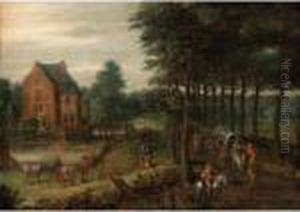 A Landscape With A Horse-drawn 
Wagon, Figures On Horse-back And Others Walking On A Path By A Small 
Manor Oil Painting by Jan Brueghel the Younger