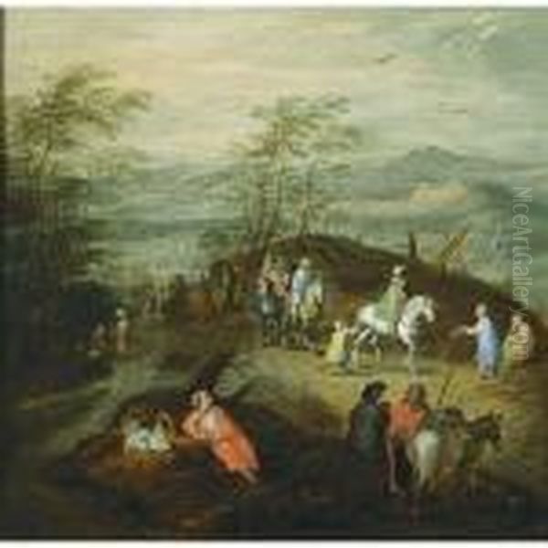 An Extensive Hilly Wooded 
Landscape With Horsemen And Gypsies, And Travellers, Horsemen And 
Figures In A Horse-drawn Wagon All On Path In The Background Oil Painting by Jan Brueghel the Younger