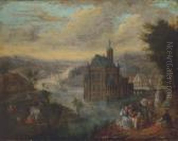 A River Landscape With A Town 
And Elegant Company In Theforeground; A Landscape Painted On The Reverse Oil Painting by Jan Brueghel the Younger
