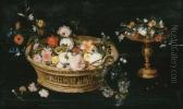Roses, Peonies, Tulips, 
Narcissi, Carnations, Poppies And Other Flowers In A Basket And A Gilt 
Tazza, On A Table Oil Painting by Jan Brueghel the Younger