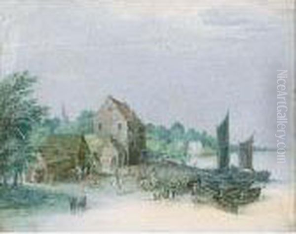 Brueghel The Younger, A River 
Landscape With A Village Harbour Scene With Various Figures And Shipping Oil Painting by Jan Brueghel the Younger