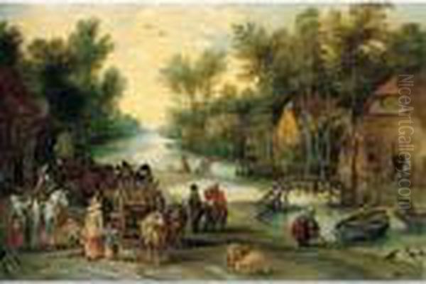 A Wooded River Landscape With Elegant Figures Buying Provender Oil Painting by Jan Brueghel the Younger