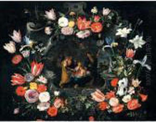 Still Life Of The Holy Kinship Within A Stone Cartouche Adorned By Garlands Of Flowers Oil Painting by Jan Brueghel the Younger