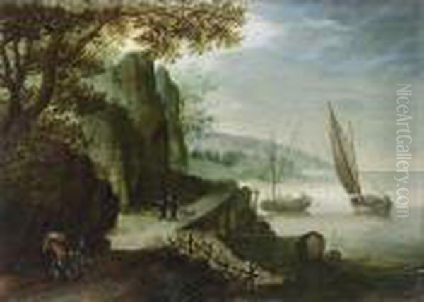 A River Landscape With 
Travellers On A Path And Two Monks With A Dog In The Background, Sailing
 Vessels Near The Coast Oil Painting by Jan Brueghel the Younger