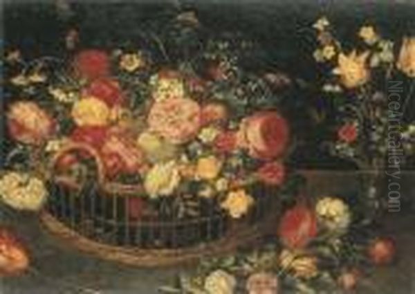 Roses, Carnations And Other 
Flowers In A Basket, With Tulips Andnarcissi In A Vase On A Table Oil Painting by Jan Brueghel the Younger