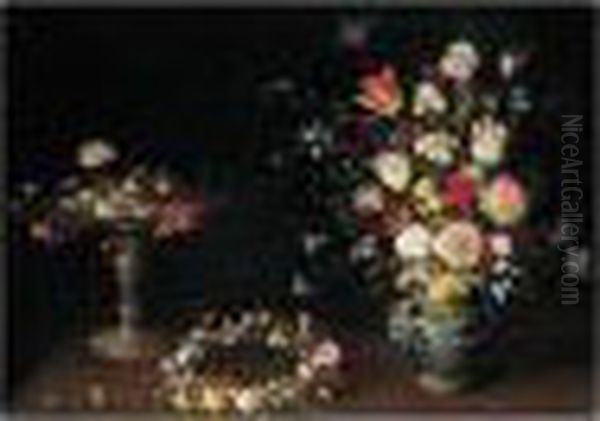 A Still Life Of Flowers In A 
Tazza, A Garland Of Flowers On A Table, And Roses, Tulips, Irises And 
Other Spring And Summer Flowers In A Wan-li Porcelain Vase, All On A 
Ledge Oil Painting by Jan Brueghel the Younger