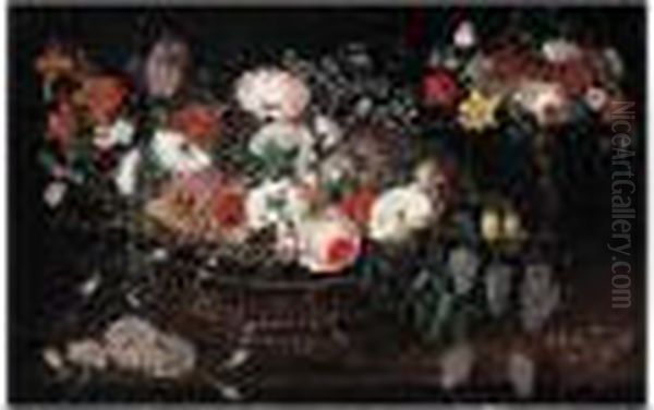 Still Life Of Mixed Flowers In A
 Basket With A Bouquet Of Flowers In A Gilt Tazza Upon A Table Top Oil Painting by Jan Brueghel the Younger