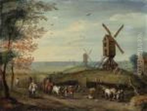 An Autumn Landscape With 
Windmills And Peasants Harvesting; And Awinter Landscape With Skaters On
 A Frozen River And Peasants On Apath By A Village Oil Painting by Jan Brueghel the Younger