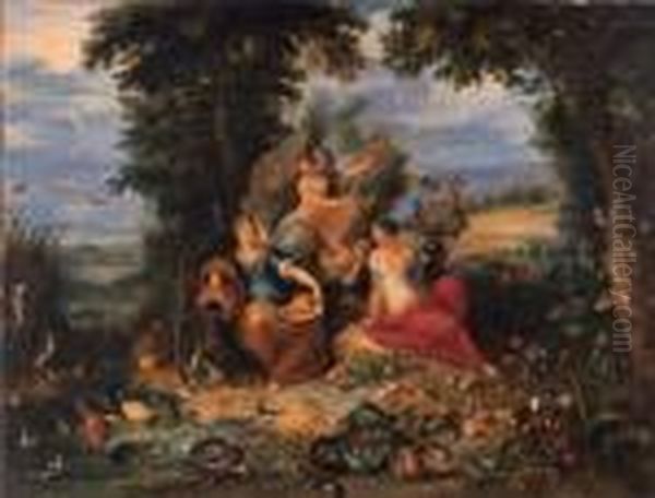 The Four Elements In A Wooded 
Coastal Landscape With Fish, Animals,birds, Fruit, Flowers And 
Vegetables, Peasants Harvesting Beyond,the Triumph Of Galatea Beyond Oil Painting by Jan Brueghel the Younger