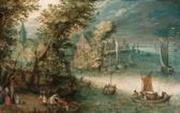 A Wooded River Landscape With 
Travellers At A Landing Stage Near Atown, Kaags, Rowing Boats And A 
Ferry On The River Oil Painting by Jan Brueghel the Younger