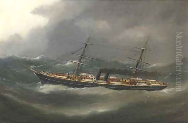 A P. & O. steamer reefed down in heavy seas Oil Painting by Marie-Edouard Adam Of Le Havre