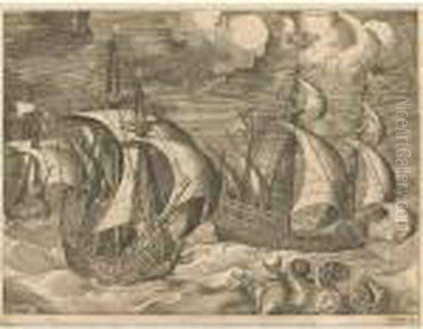 Three Caravels In A Rising 
Squall, With Arion On A Dolphin; Two Galleys Sailing Behind An Armed 
Three-master With Phaeton And Jupiter In The Sky; And A Fleet Of Galleys
 Escorted By A Caravel, By Frans Huys&nbsp;(bastelaer 105-7) Oil Painting by Pieter The Elder Brueghel