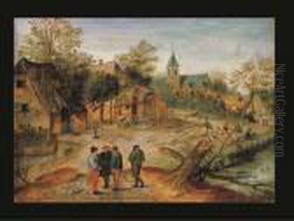 A Village Landscape With Farmers Conversing In The Foreground Oil Painting by Pieter The Younger Brueghel